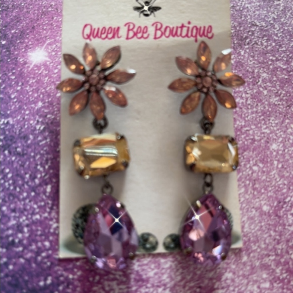Flower Purple Dangle Earrings Pierced